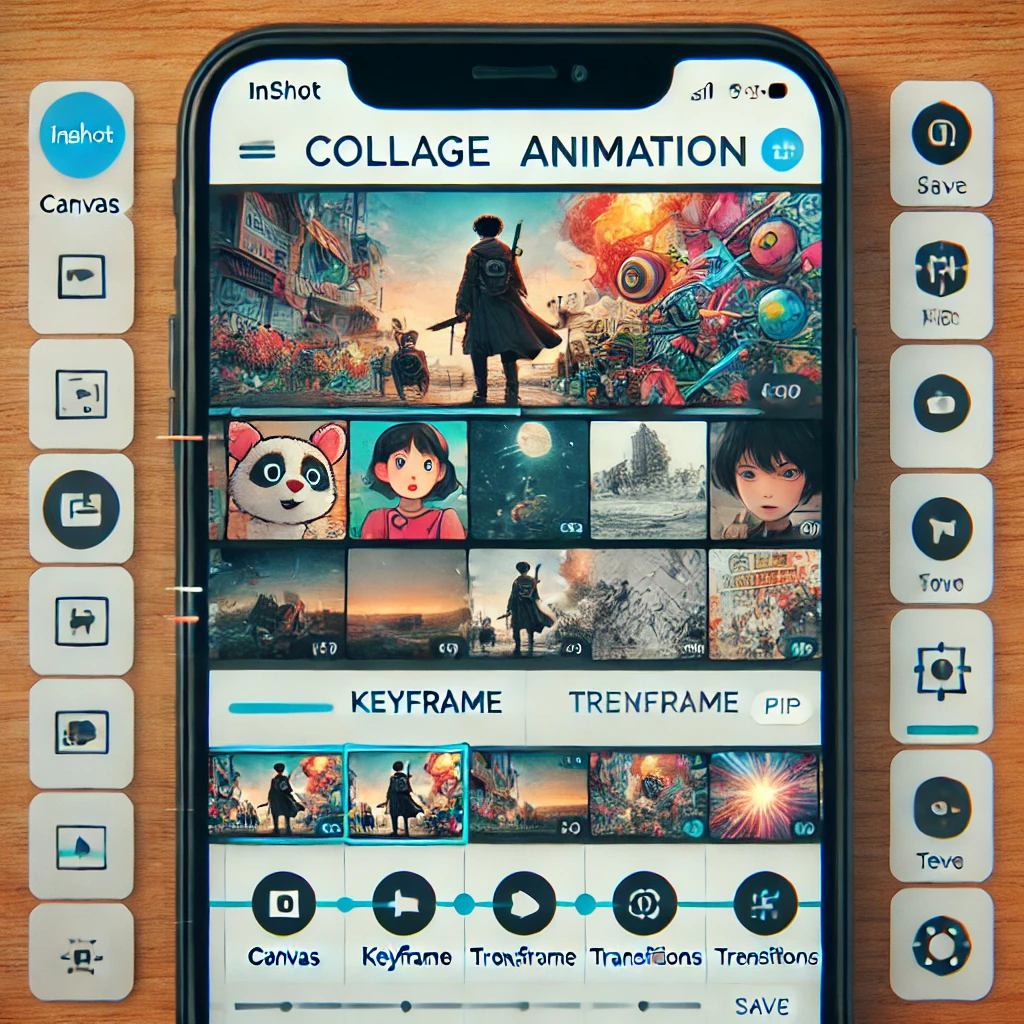 DALL·E 2024 09 27 17.05.46 A collage animation creation in the InShot app with a smartphone screen displaying the InShot interface. The timeline at the bottom shows different m